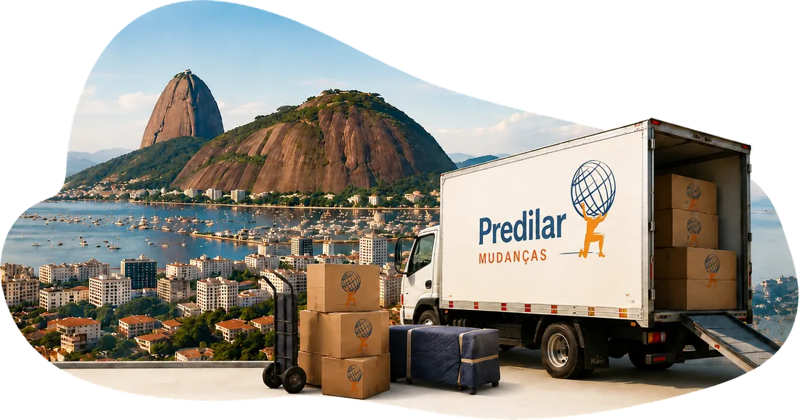 Caminhão da Predilar Mudanças com o Rio de Janeiro ao fundo, carregando caixas e móveis